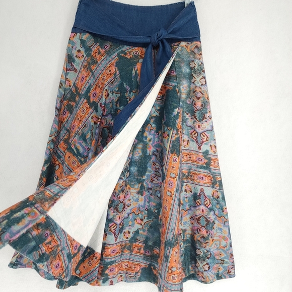 Pilcro Bohemian Blue Patterned Denim Midi Skirt - Picture 3 of 7